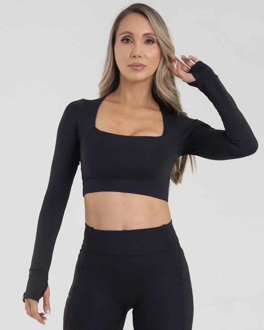 Top Manga Larga Negro Fiber
